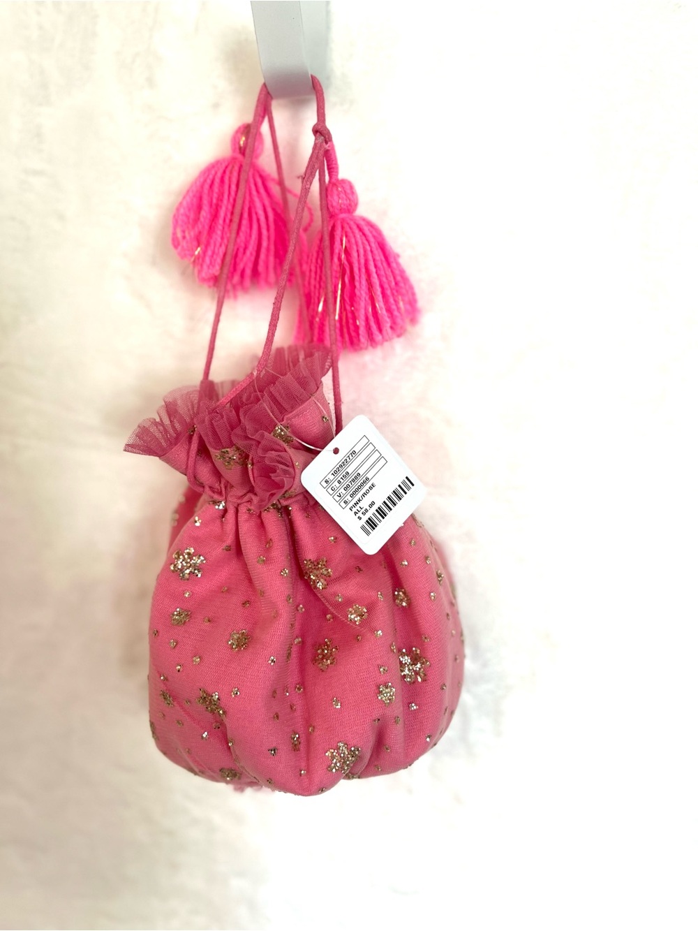 Free People Pink Drawstring Pouch with Gold sparkle gift sack bag nwt - Picture 2 of 5